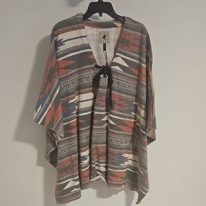 One Teaspoon Southwestern Pattern Poncho Top in Rust, Olive & Blue Sz 10 New